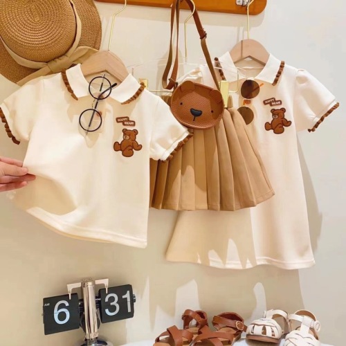 Girls suit dress summer dress cartoon bear label Polo collar double version princess two-piece set 95079