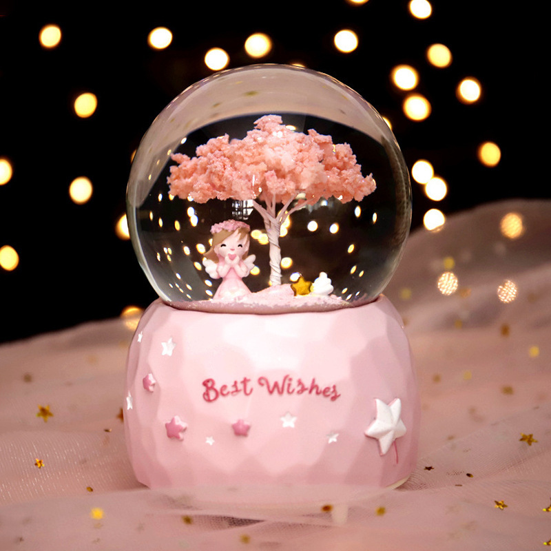 Sakura Girl Crystal Ball Pink Gift for Girls Snowflake Music Box Colorful Lighting Ornament Christmas Gift