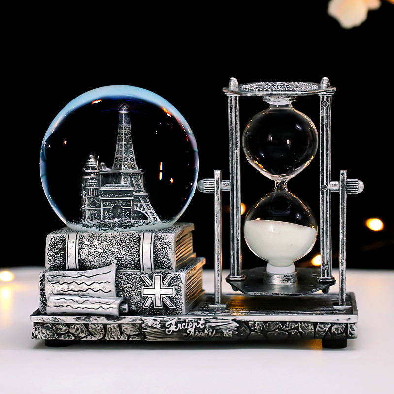 Retro Music Tower Crystal Ball Hourglass Ornament Creative Office Desk Luminous Water Ball Music Box Timer