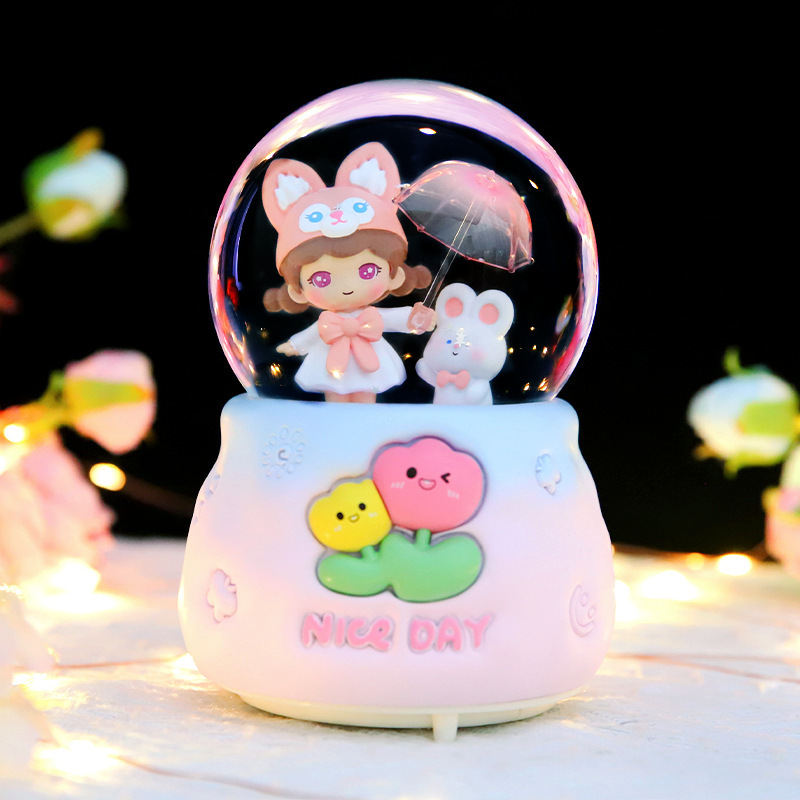 Girl's heart-shaped umbrella, cool luminous crystal ball, rotating music box, Valentine's Day gift, student gift, desktop ornament