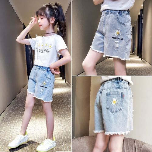 Children's clothing wholesale girls' denim shorts summer new style children's style medium and large children's ripped baby shorts