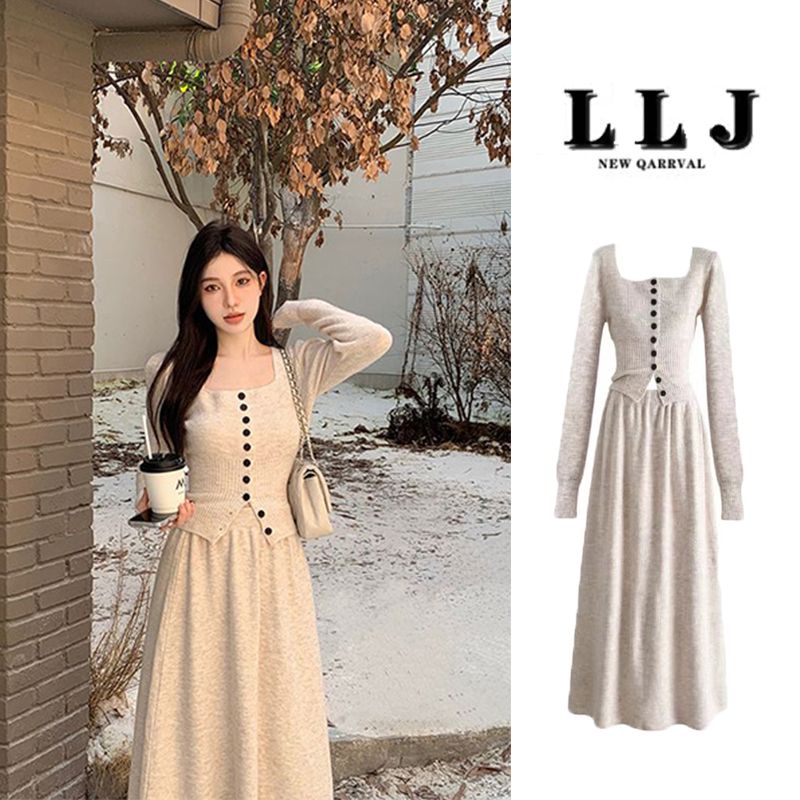 Square neck knitted cardigan with base layer for women, autumn and winter gentle style outfit, mid-length A-line umbrella skirt two-piece set
