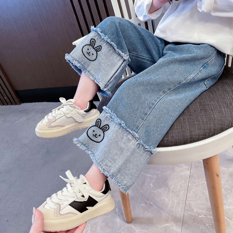 New spring girls' pants, western-style outer wear, baby girls hit the street, spring and autumn children's jeans, wide-leg pants