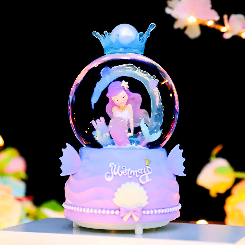 Beautiful dream girl heart heart of the ocean mermaid princess falling snow music crystal ball music box ornament gift