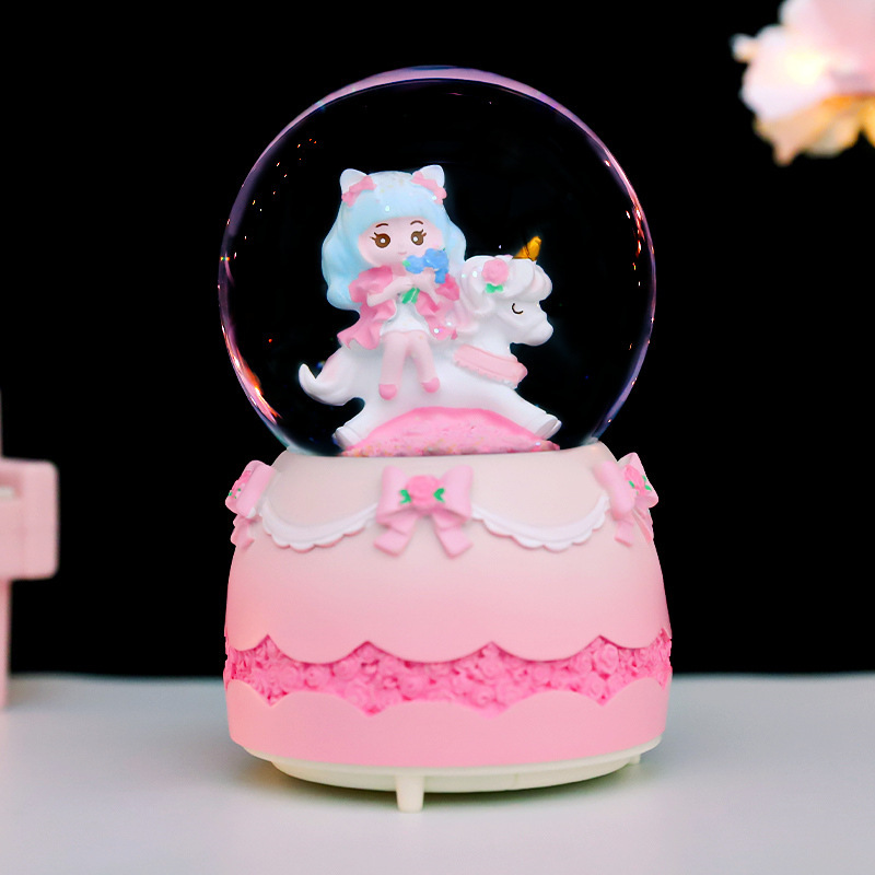 New Fangyu Girl Music Crystal Ball Unicorn Girl Music Box Ornament Snowflake Girl Birthday Gift