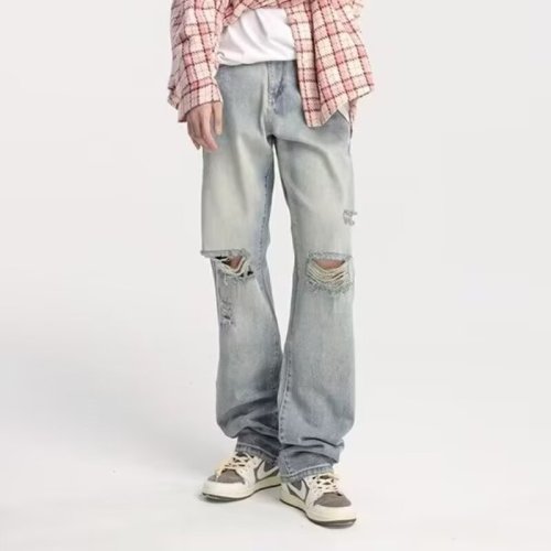 Real shot of loose design niche ripped high waisted wide leg jeans for men 2024 summer new slim floor mopping pants