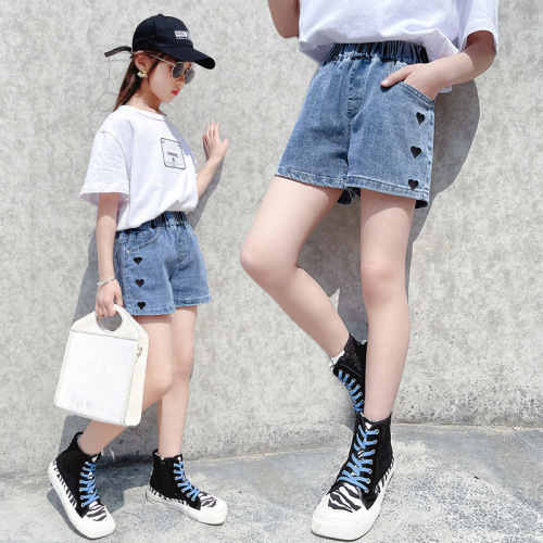 Girls denim shorts summer new Korean style fashionable children's embroidered hot pants little girl thin love pants trendy