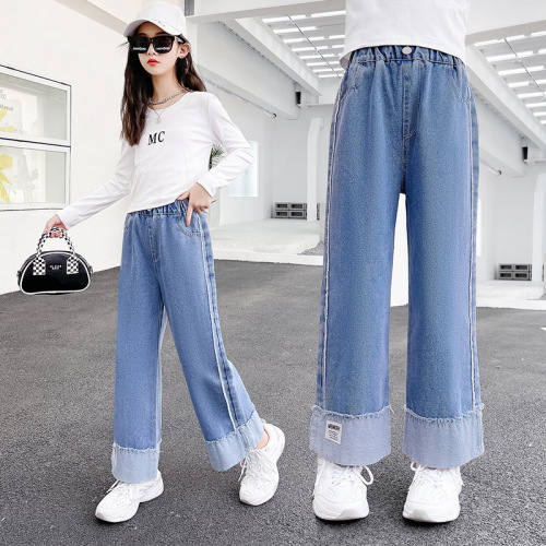 Children's clothing, girls' jeans, spring and autumn, medium and large children's casual wide-leg pants, girls' fashionable children's loose girls' pants