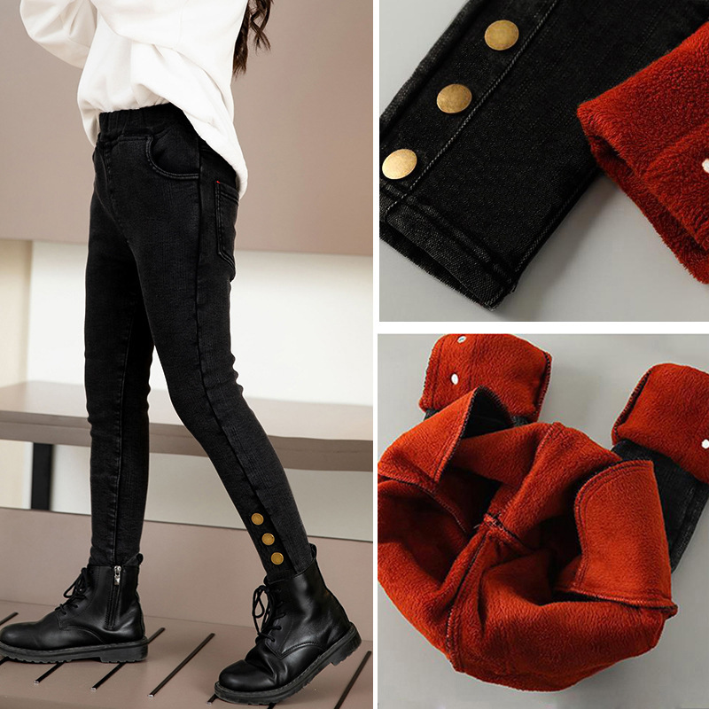 Children's clothing, girls' velvet thickened jeans, autumn and winter styles, stylish girls' medium and large children's all-in-one velvet children's warm pants