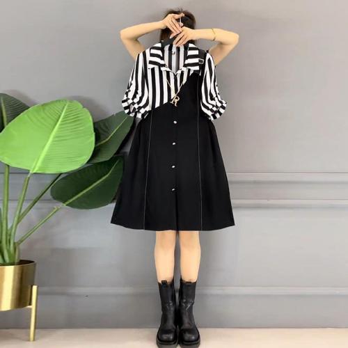 Fat Sister 2024 Summer New Style Slimming Fake Two-Piece Strap Dress Large Size Versatile Simple Shirt Dress