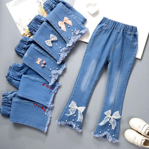 Children's Clothing Wholesale Girls Jeans Spring and Autumn Medium and Large Children's Wide Leg Pants Baby Casual Girls Flared Long Pants
