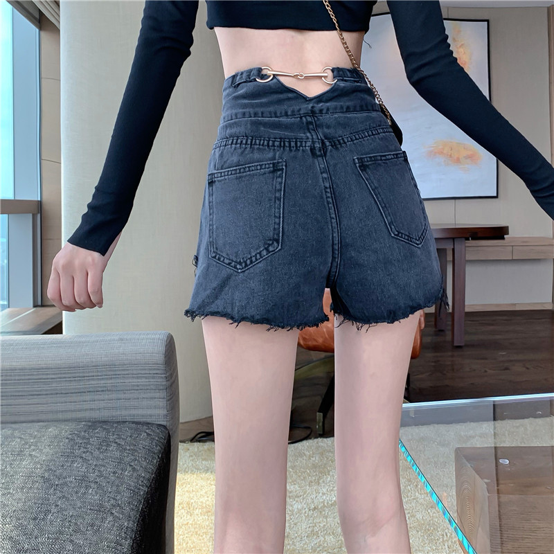 實拍 破洞毛邊寬鬆闊腿新品裝飾金屬扣高腰牛仔短褲女