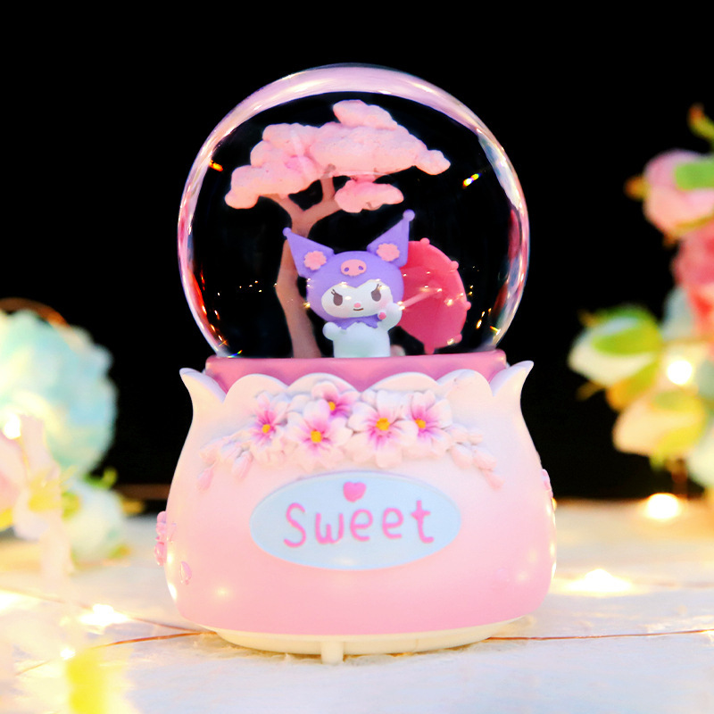Falling Snow Glowing Music Box Cute Pet Cherry Blossom Tree Rotating Crystal Ball Music Box Desktop Ornament Decoration Gift