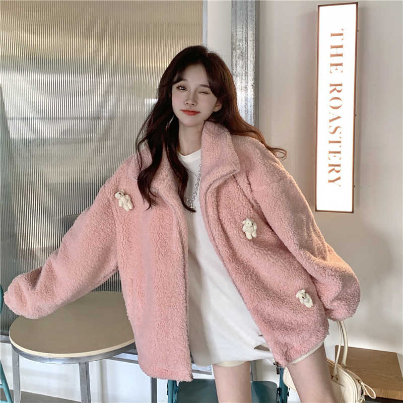 Actual shot of new spring lamb wool jacket for women, woven plush stand-up collar zipper thickened top