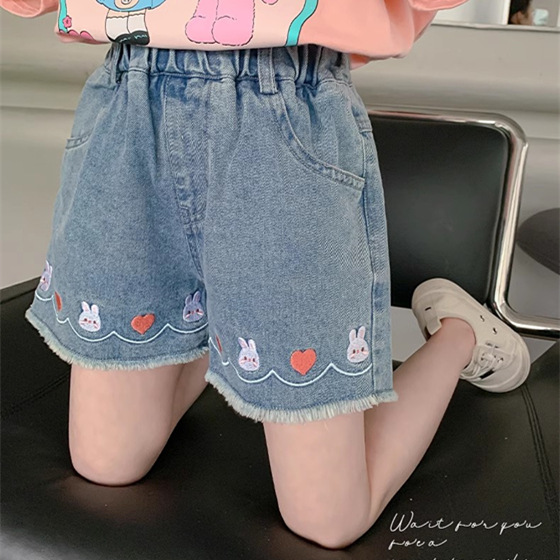 Girls' denim shorts new style children's high waist ripped holes medium and large children's outer wear wide hot pants thin
