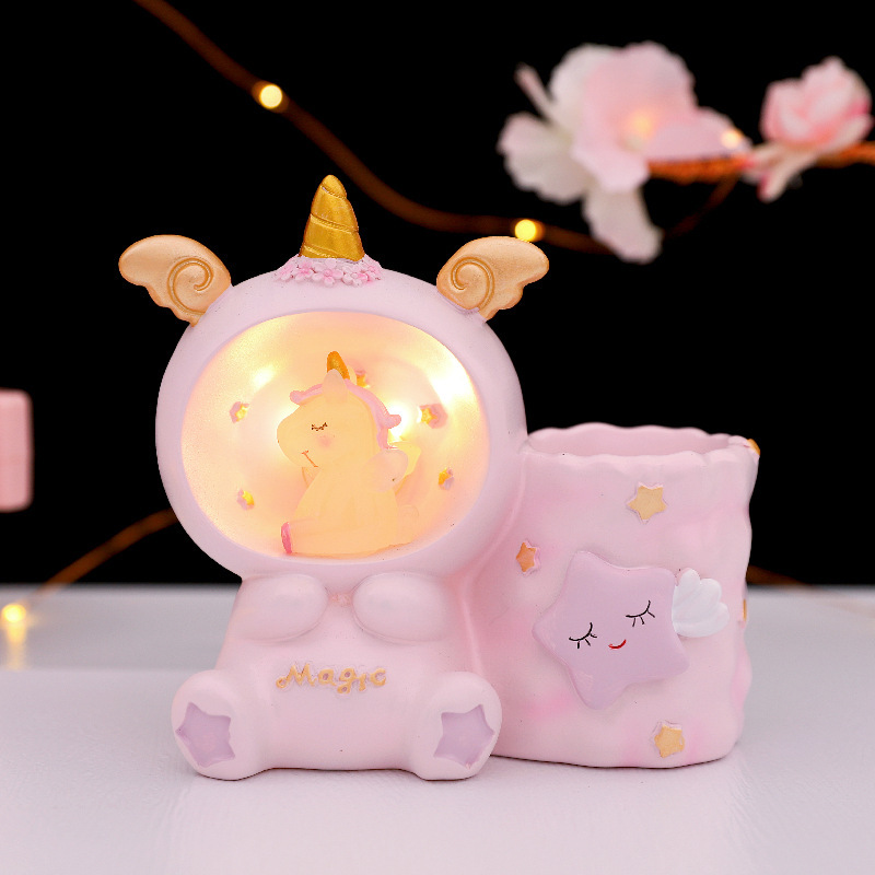 Creative gift angel wings unicorn student desk storage with light pen holder star lamp resin crafts