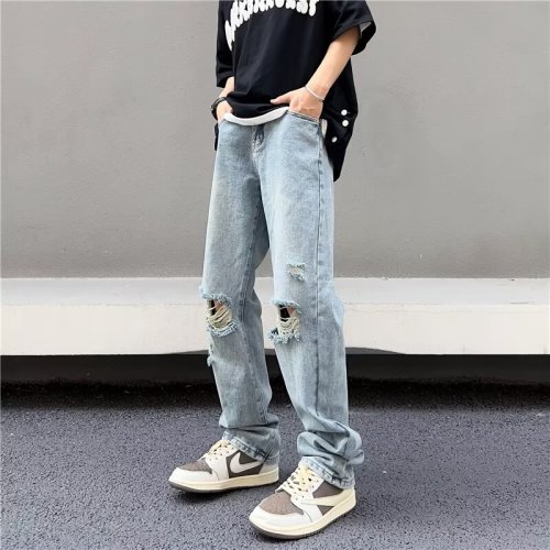 Light-colored ripped high-waisted jeans for women petite, thin, drapey, straight-leg slimming, loose wide-leg trousers, trendy