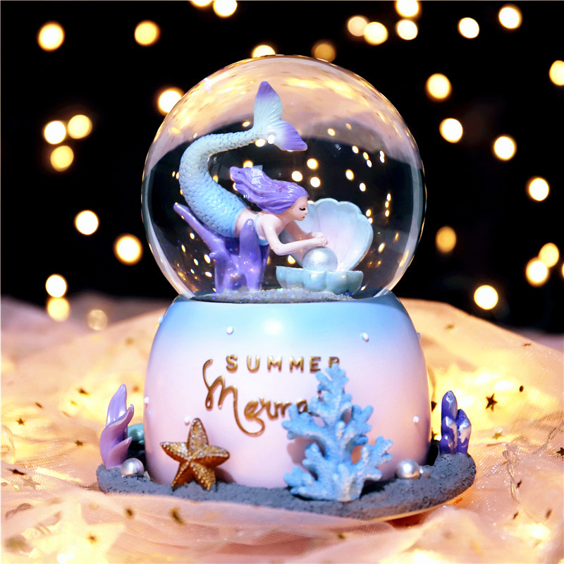 Mermaid Mermaid Starry Sky Crystal Ball Music Box Snowflake Rotating Snow Eight-tone Children's Birthday Gift