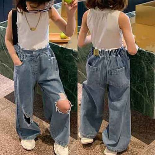 Girls' pants, personalized ripped wide-leg pants, jeans, trousers, spring and autumn clothing, new foreign trade, trendy boys' and children's clothing