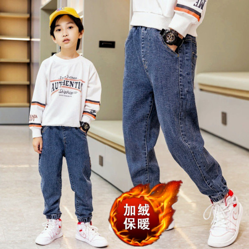 Boys' jeans, velvet, autumn and winter children's clothing, loose thickened warm trousers, baby medium and large children, children's clothing