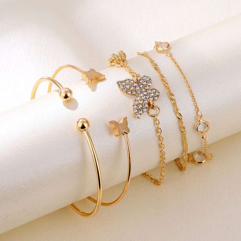 European and American alloy jewelry Bohemian style double butterfly diamond openable bracelet set of 5 pieces direct sale