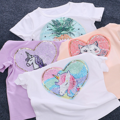 2024 cross-border girls sequin reversible color-changing t-shirt short-sleeved cotton half-sleeved top pony unicorn