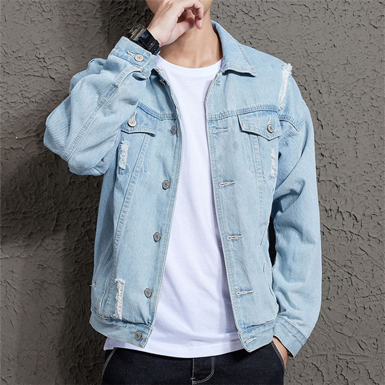 Trendy brand ripped denim jacket men's winter casual light-colored work clothes trendy loose handsome men's jacket
