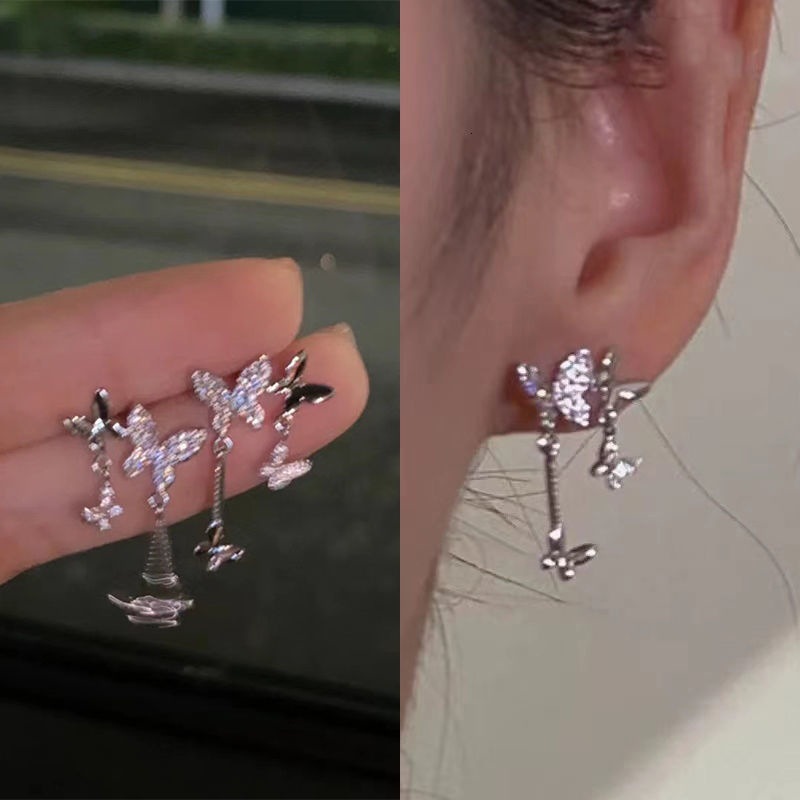 Butterfly Flying Double Earrings Small and slightly encrusted with diamonds and dynamic butterfly earrings