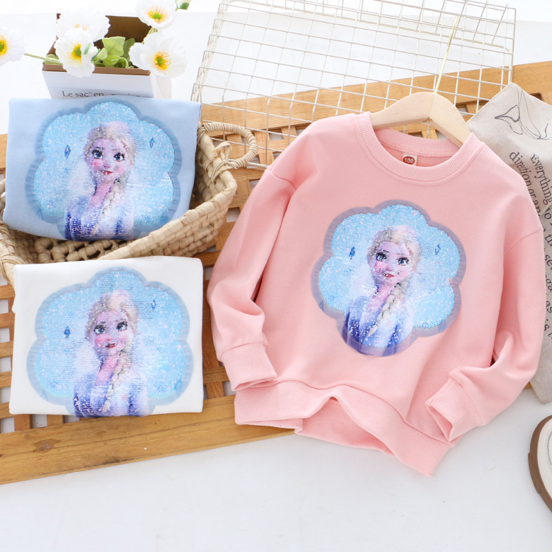 Children's clothing autumn new style girls sweatshirt round neck double-sided color changing sequined top with terry top