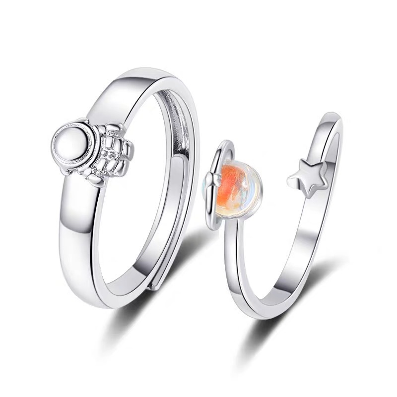Happy Planet Astronaut Couple Rings for Men and Women, Live Mouth Adjustable Rings, Niche Design Accessories for Women