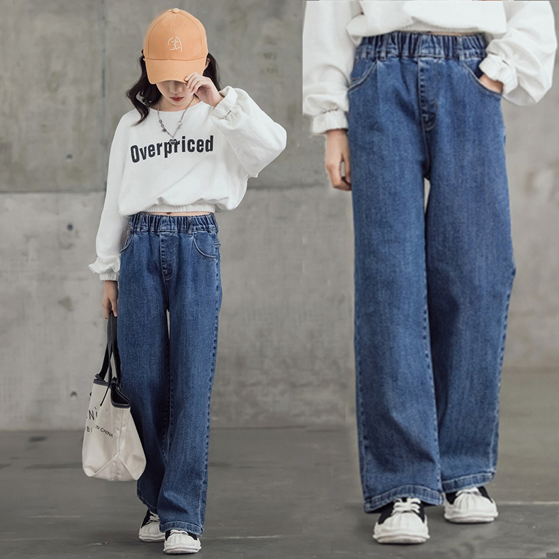 Girls wide-leg jeans spring and autumn new large children's pants dark blue little girls straight