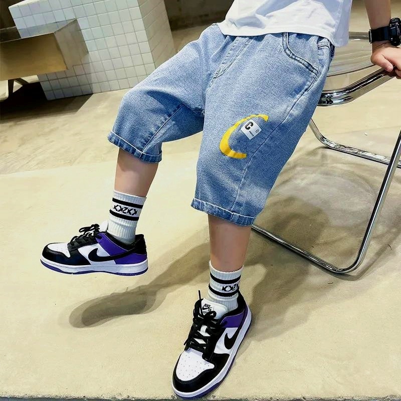 Boys' Denim Cropped Pants Summer Thin Children's Shorts Children's Clothes Medium Pants Medium Big Children Little Boys Pants Trendy Generation