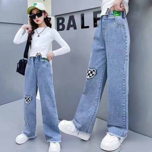 Girls' jeans, spring and autumn, fashionable, casual, versatile wide-leg pants, medium and large children's style, loose trousers for girls