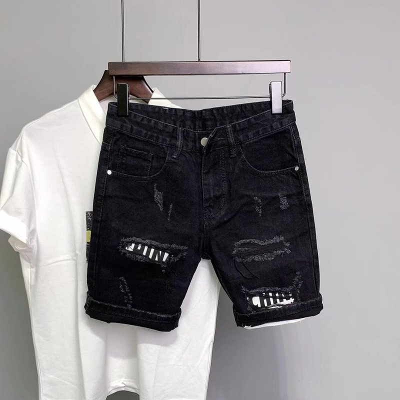 New men's clothing ripped patch Korean version slim denim 5-point mid-pants trendy shorts small-foot Hong Kong style pants
