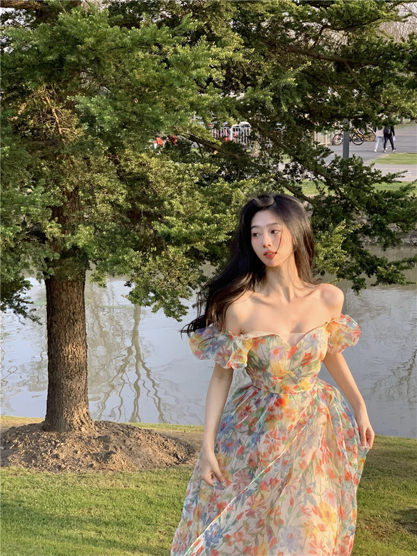 Real shot of super fairy holiday floral suspender backless party dress summer fairy style slimming fairy dress