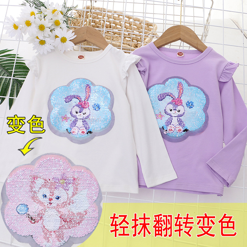 Children's clothing autumn new style girls' T-shirts long-sleeved children's bottoming shirts color-changing sequined tops