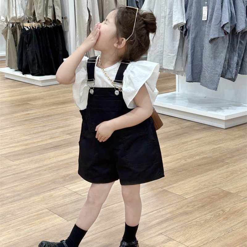 Children's Korean style children's clothing summer new style black cotton overalls shorts lace shirt tops for small and medium-sized children