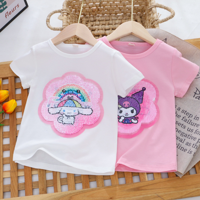 Girls' bottoming shirt new children's clothing summer little girl short-sleeved color-changing sequin T-shirt princess top bottoming shirt
