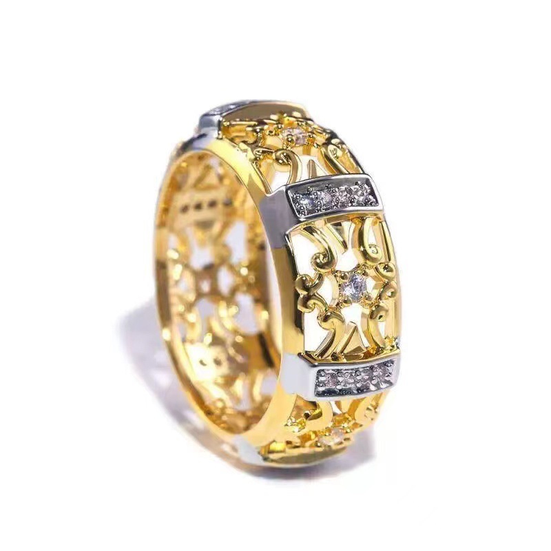 Cross-border wish AliExpress hot-selling new two-color electroplated ring European and American hollow pattern color separation ring