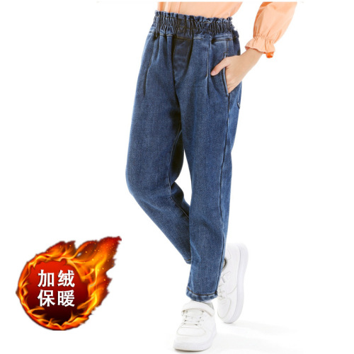 Girls' jeans, velvet and thickened, new autumn and winter, big and small children, girls and children's warm long pants