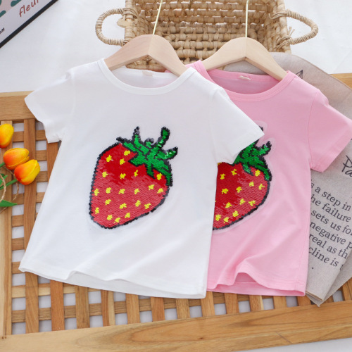 Girls short-sleeved T-shirt children's clothing summer little girl strawberry color changing sequin T-shirt children's top cotton live broadcast