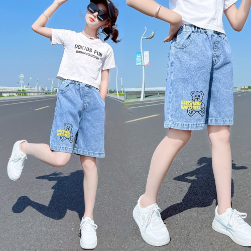 Girls' denim mid-pants new summer clothing versatile medium-sized children's casual five-six-point pants little girl shorts