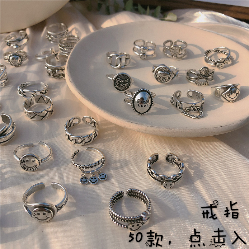 Ring for women 925 sterling silver personality retro open smile multi-layer ins trend Korean version punk ring simple hip-hop