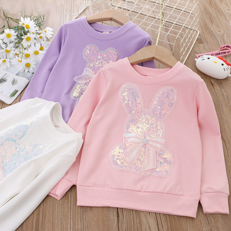 Girls spring and autumn children's clothing new autumn pullover sweatshirt sequined top little girl bottoming shirt round neck