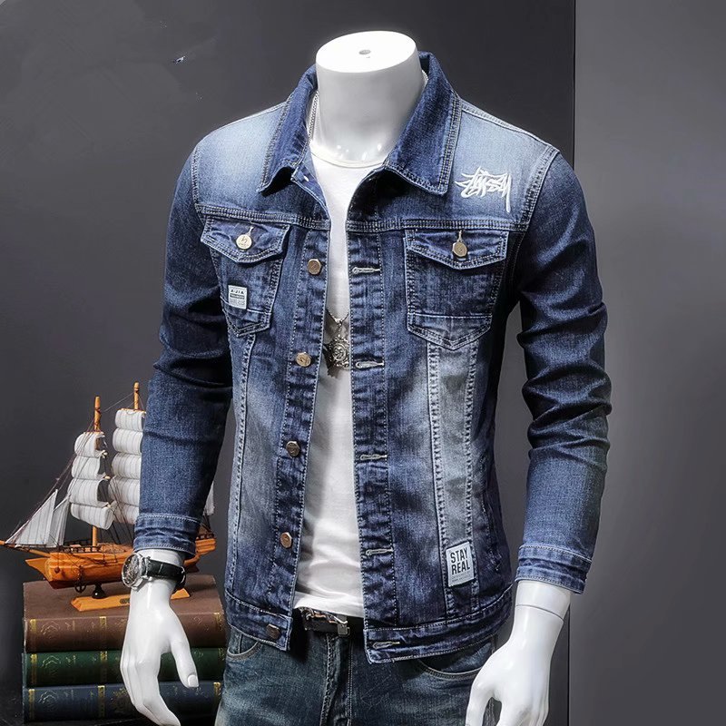 Spring Thin Workwear Denim Jacket Men's Korean Style Slim Trendy Handsome Jacket Men's Trendy Brand Japanese Top