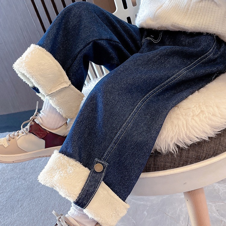 Girls' fleece jeans autumn and winter new Internet celebrity children's clothing baby one-piece fleece outer wear winter pants