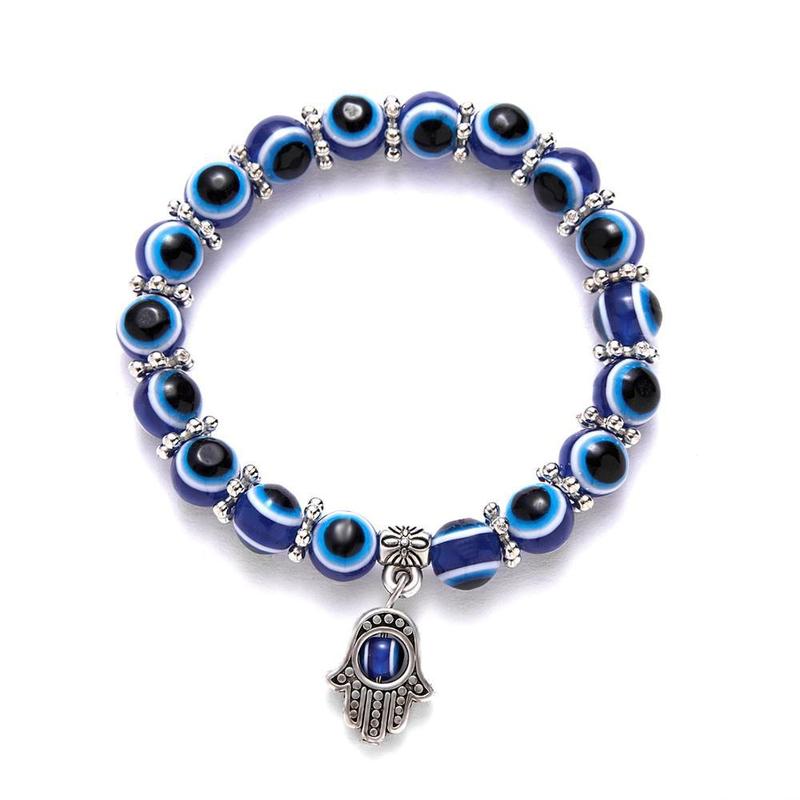 European and American Classic Blue Evil Eye Palm Round Glass Bead Bracelet Wishing Elastic Rope Chain Bracelet Fashion