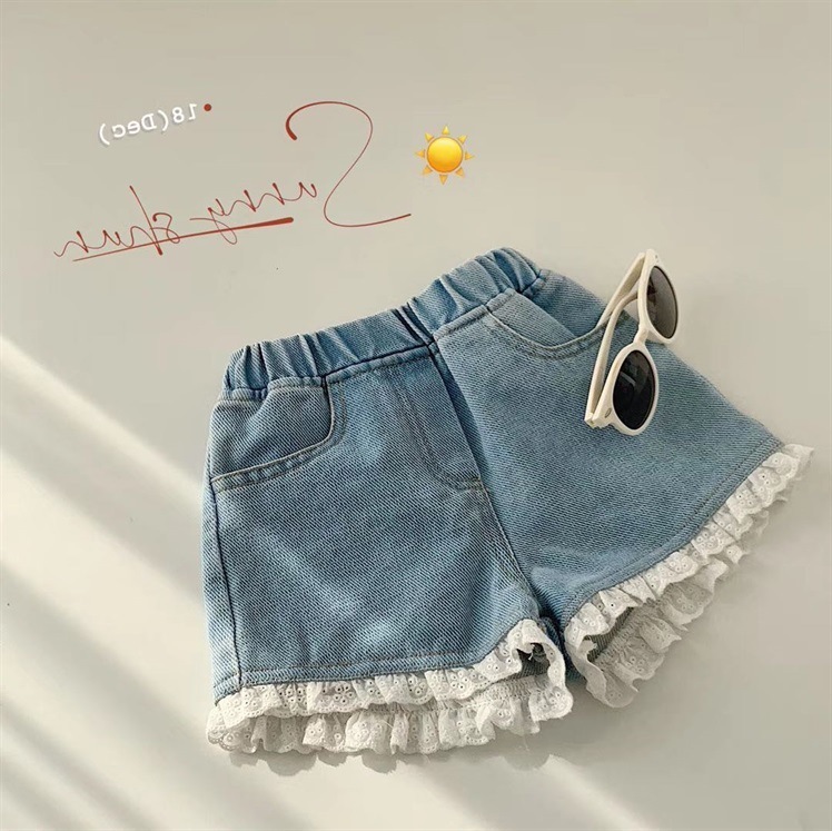Summer clothes for girls and children's new Korean style children's cute and sweet soft denim shorts lace shorts