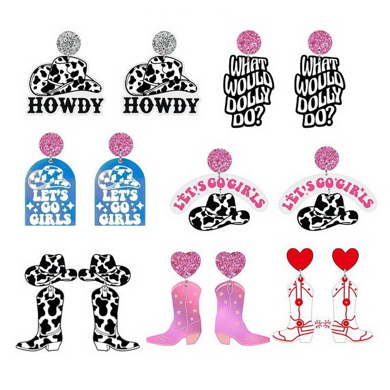 Acrylic cow boots, western cowboy hat, Howdy Let's go girls, earrings and accessories