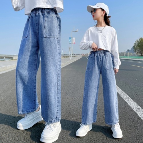 Girls jeans wide leg pants spring and autumn new children's wear fashionable loose long pants medium and large children's straight pants